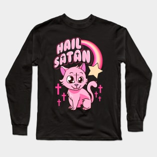 Hail Satan Cat Cute Rainbow Kitty Heavy Metal Pun Long Sleeve T-Shirt